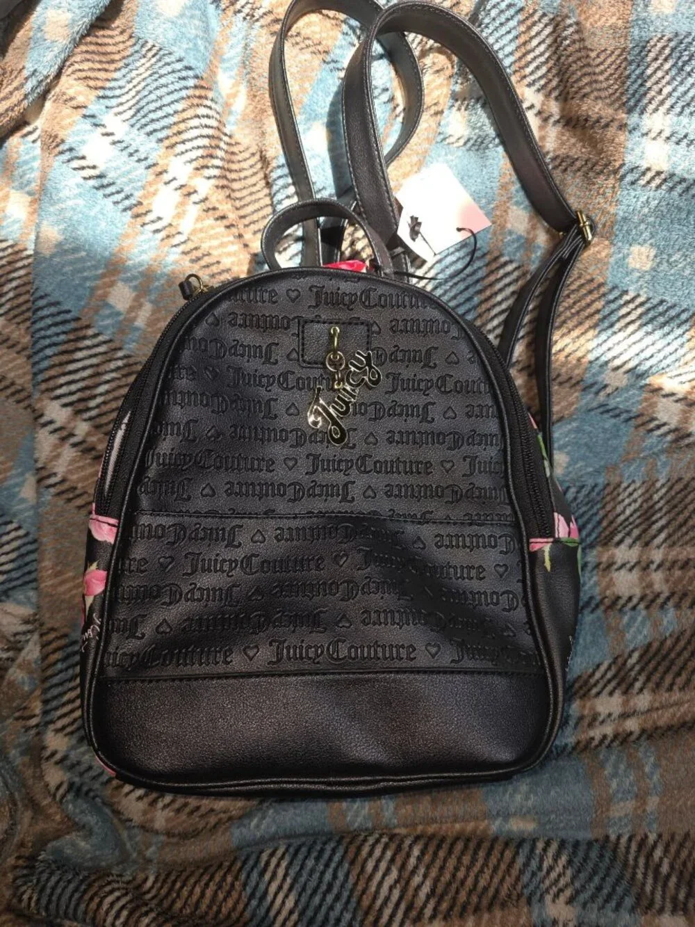 Juicy Couture Black & Pink Floral Mini Backpack With Adjustable Straps & Gold Ch
